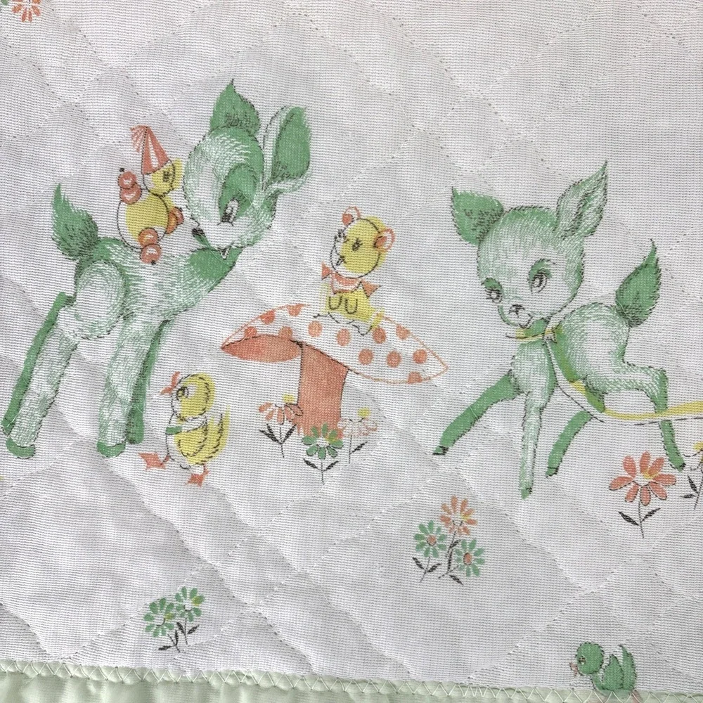 Vintage 70s  Acrylic Baby Blanket Satin Trim Woodland Mushrooms Dear Bunny Chick